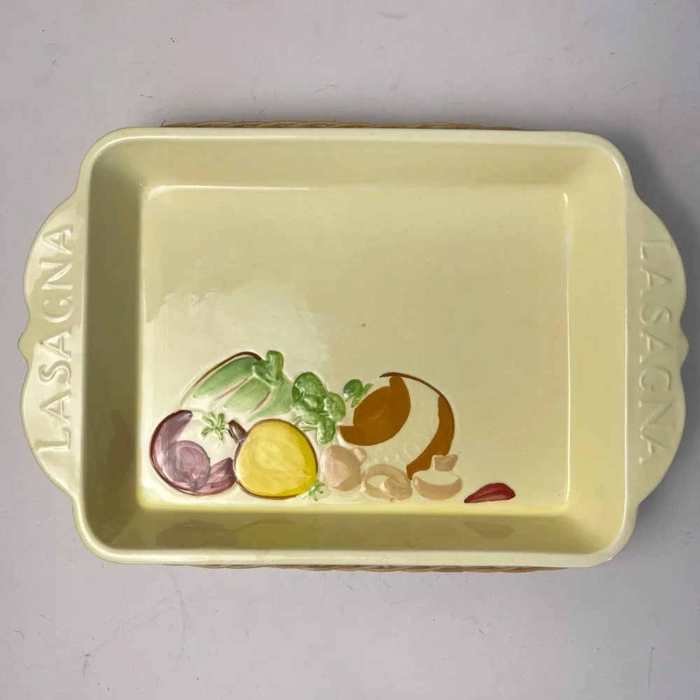 USA Ovenware Lasagna Baker Casserole Dish Cream Yellow Wicker Basket Vintage